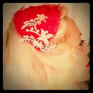 Red feather rhinestone metal headband fascinator